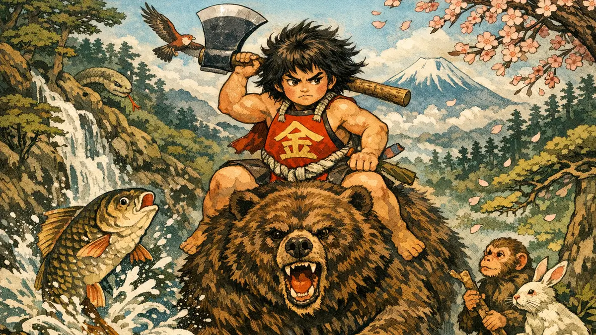 Kintaro sur le dos d'un our, dans une rivière