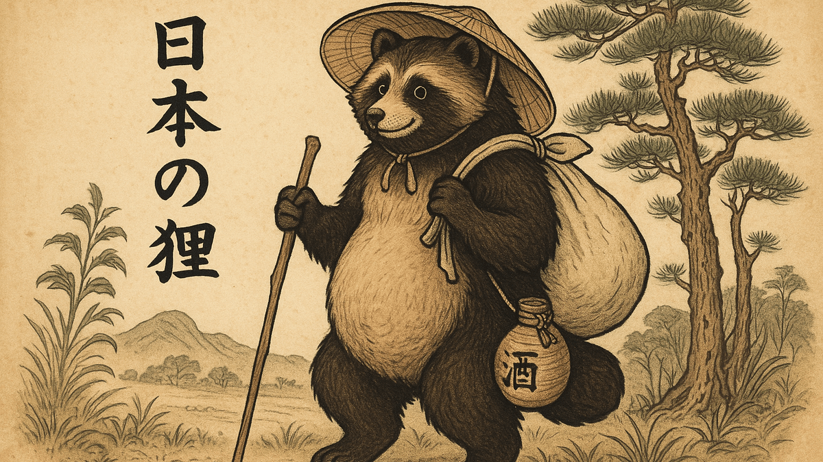 Tanuki debout, vêtu d'un chapeau et portant du saké