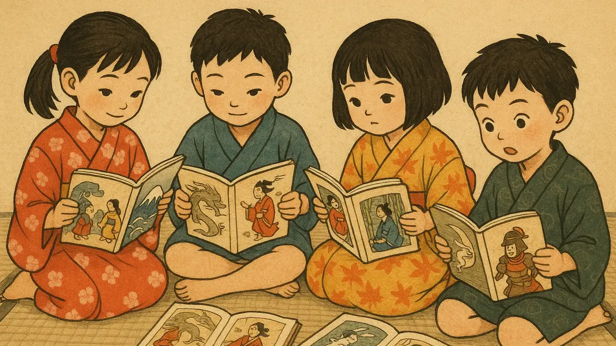 Enfants en train de lire des contes japonais