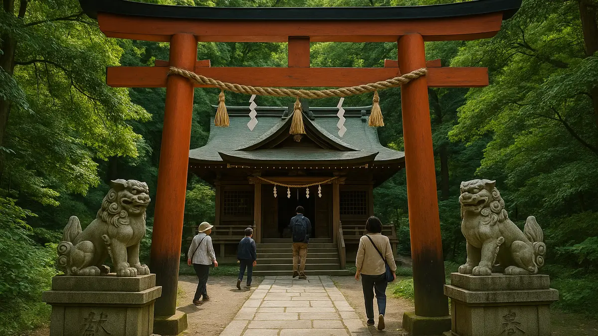 Sanctuaire shinto avec torii et komainu