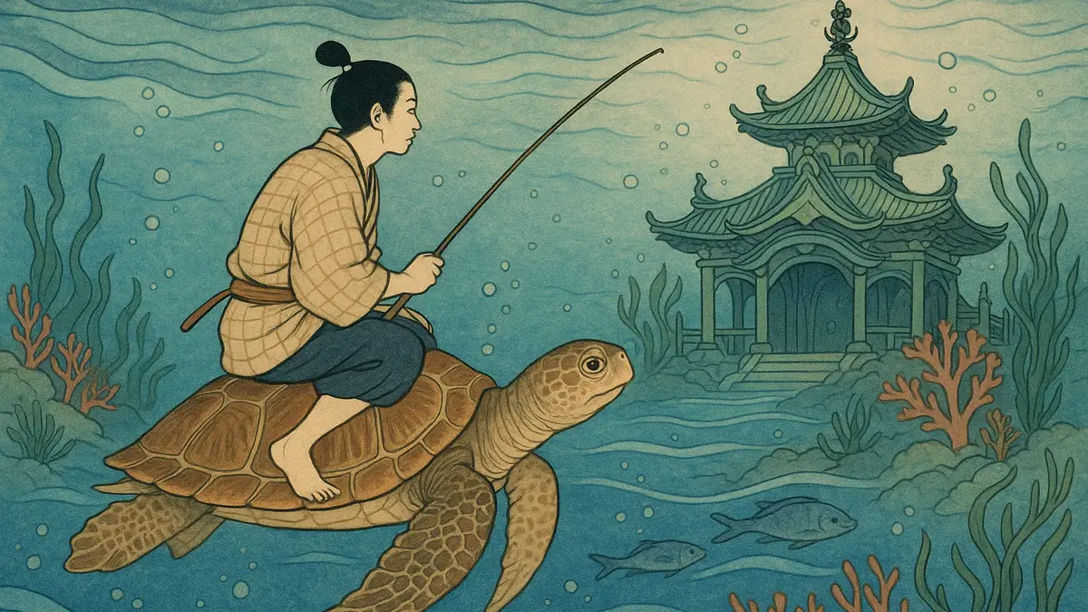 Urashima Taro sur le dos de la tortue s'approchant du palais