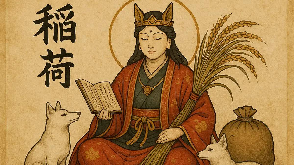 Kami Inari assise en compagnie de renards blancs tenant du blé