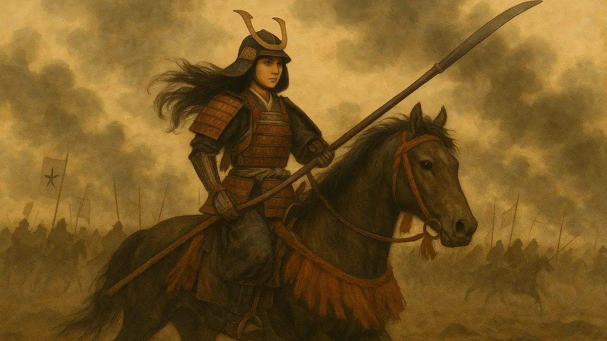 Tomoe Gozen à cheval dans un champ de bataille