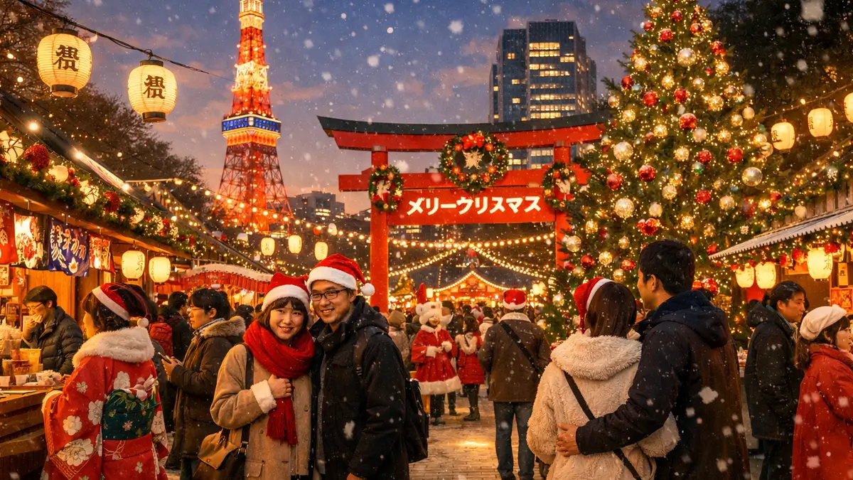 Rue japonaise totalement décorée pour Noël (IA)