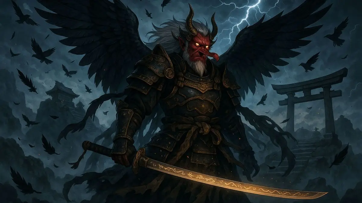 Tengu mélangeant corbeau et masque menaçant dans un lieu sombre