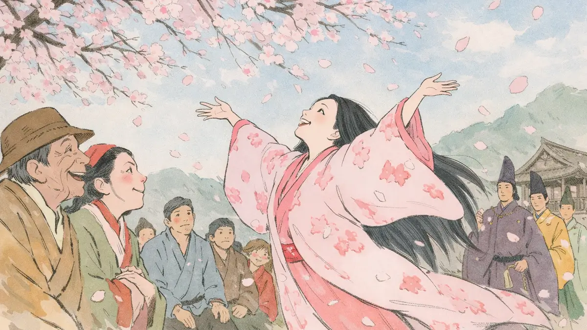 Kaguya Hime heureuse sous un cerisier en fleur