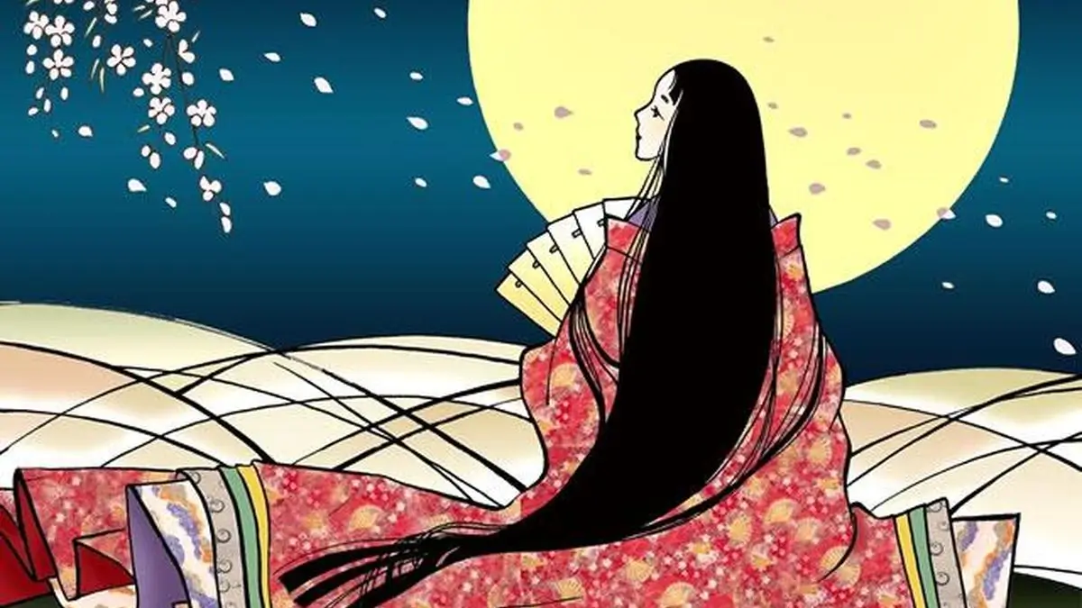 Princesse Kaguya en kimono, aux longs cheveux noirs, devant la pleine lune