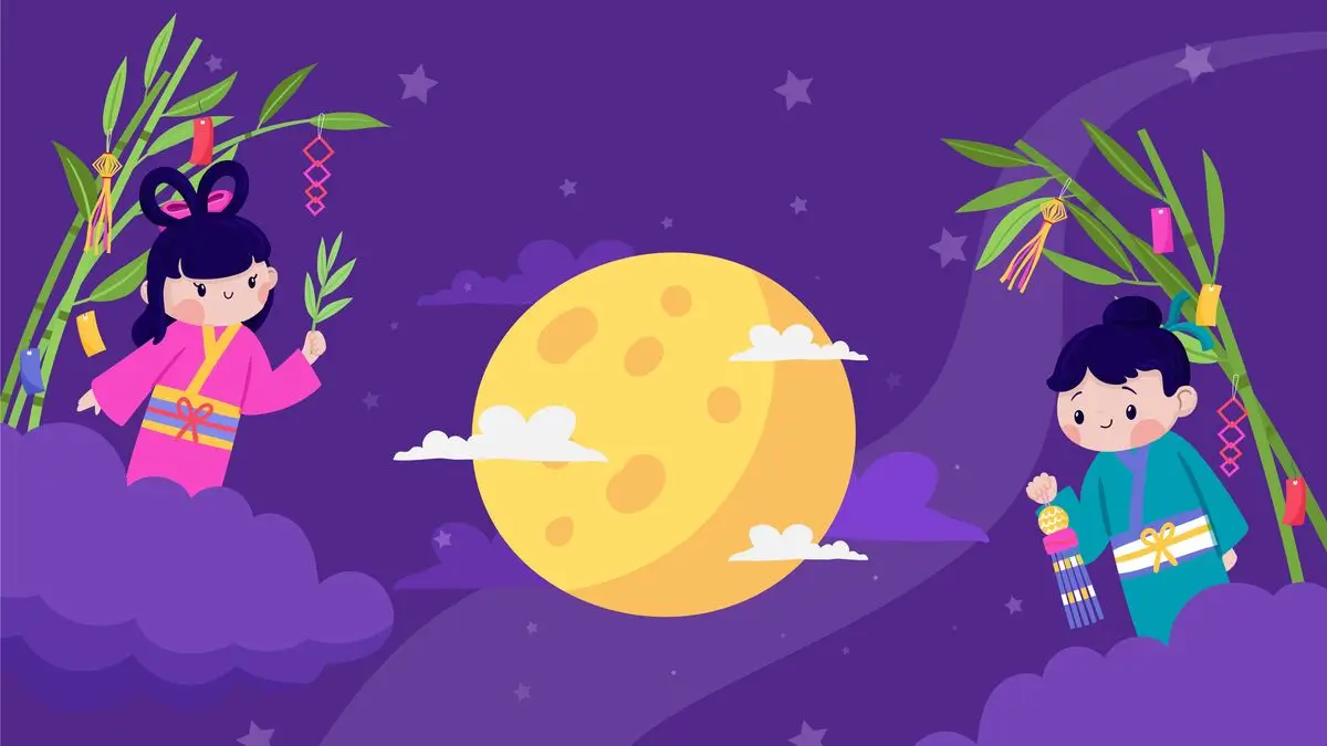 Orihime et Hikoboshi dans le ciel en face de la lune avec des bambous