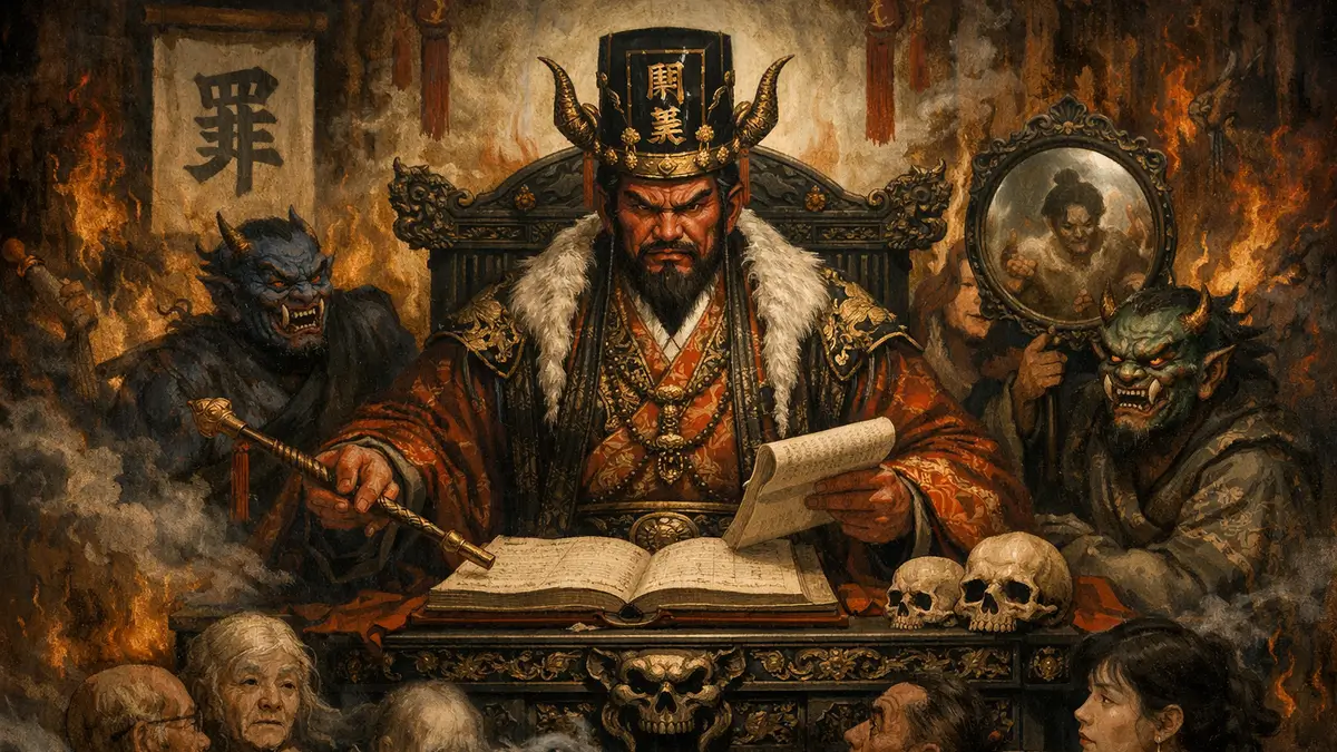 Roi Enma assis à son tribunal entouré de oni en train de juger des défunts
