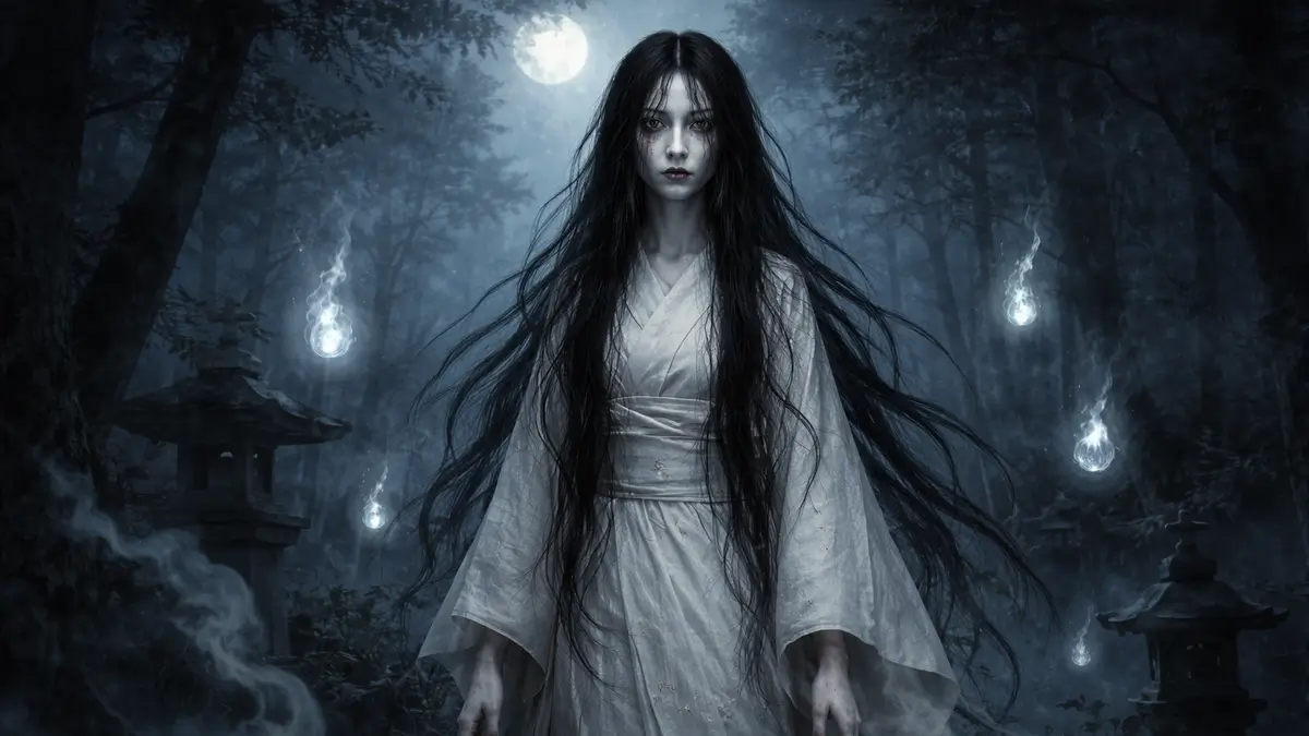 Esprit japonais féminin dans une forêt sombre