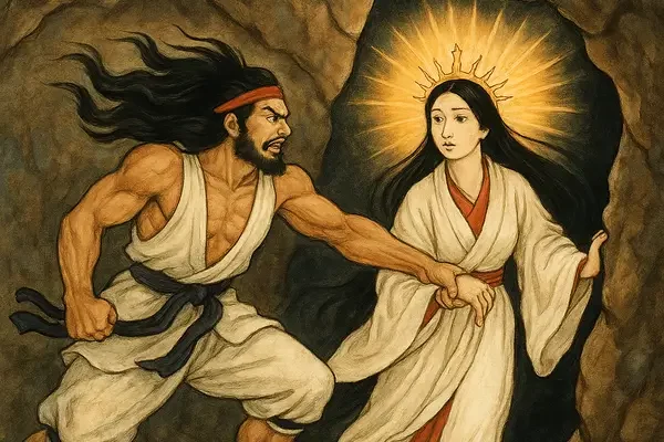 Ame no Tajikarao tire Amaterasu hors de la grotte