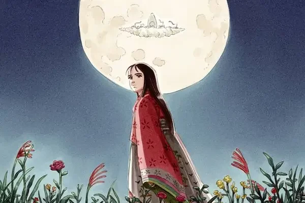 Kaguya située entre la lune et les fleurs